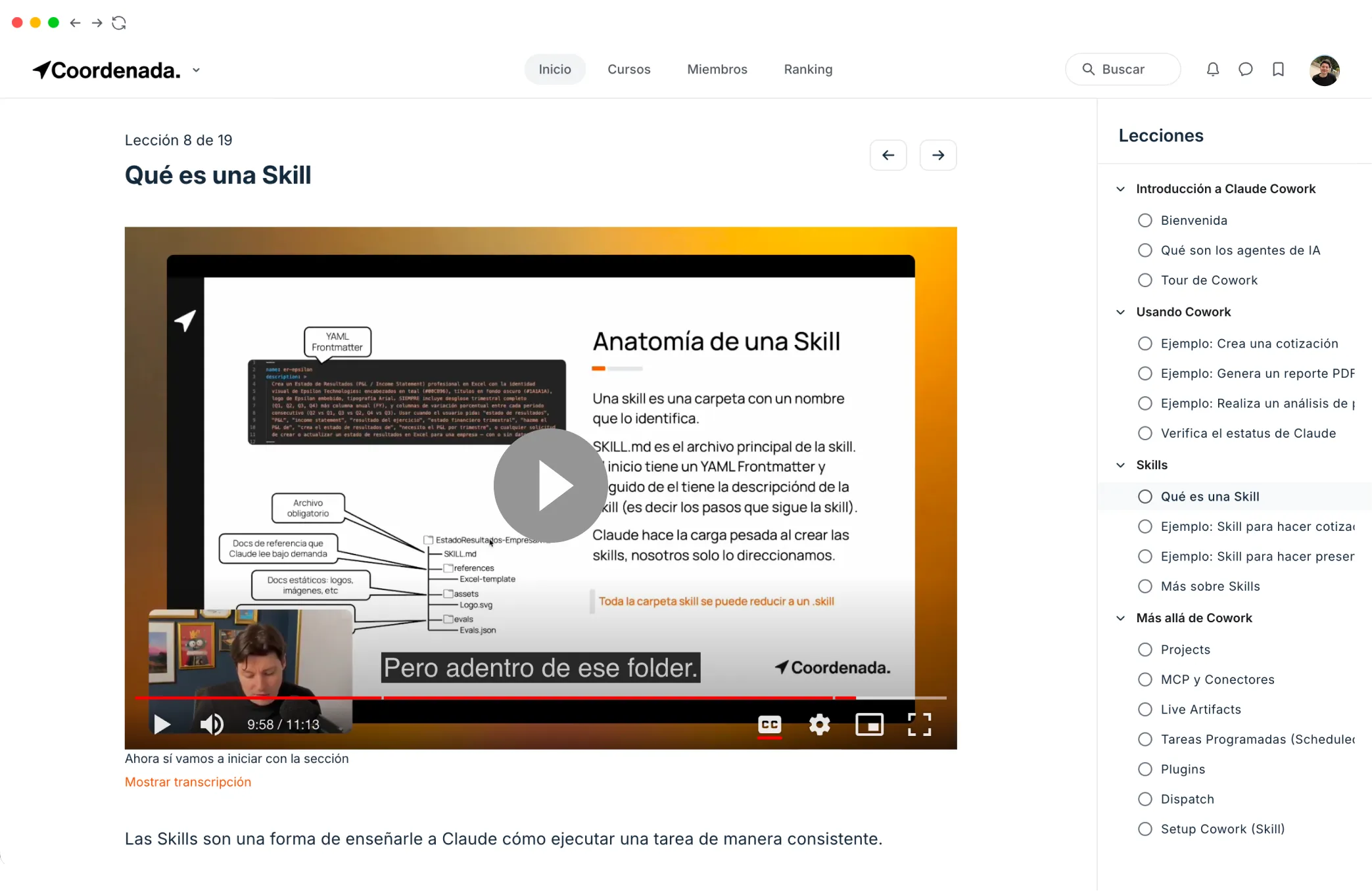 Lección en video dentro de la plataforma de cursos de Coordenada