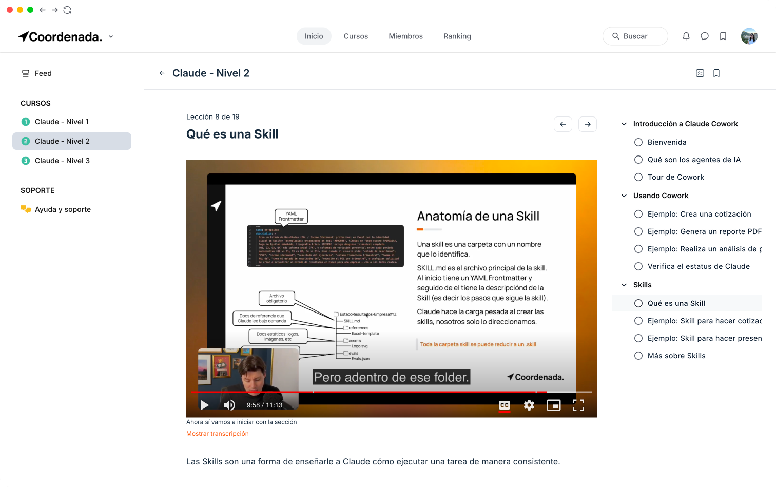 La academia de IA de Coordenada: lección en video dentro del espacio privado del equipo